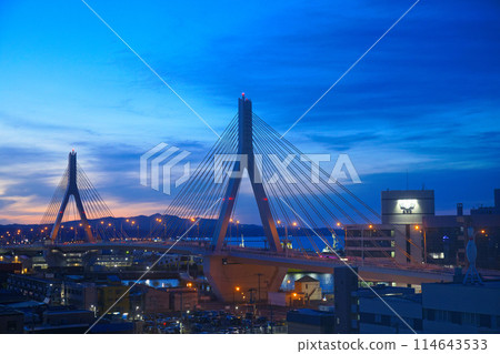Illuminated Aomori Bay Bridge, evening view, night view Illuminated Aomori Bay Bridge, evening view, night view 114643533