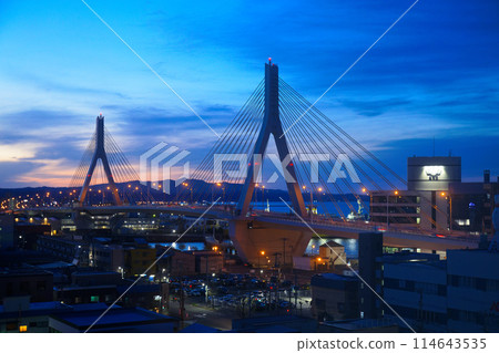 Illuminated Aomori Bay Bridge, evening view, night view Illuminated Aomori Bay Bridge, evening view, night view 114643535