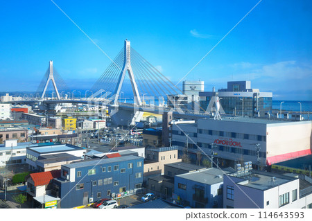 Aomori Bay Bridge and cityscape in the early morning Aomori Bay Bridge and cityscape in the early morning 114643593