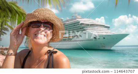 Beautiful Vacationing Woman on Tropical Shore with Cruise Ship in the Background. 114643707