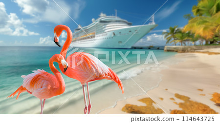 Beautiful Tropical Flamingo on the Sandy Shore with Docked Cruise Ship in the Background. 114643725