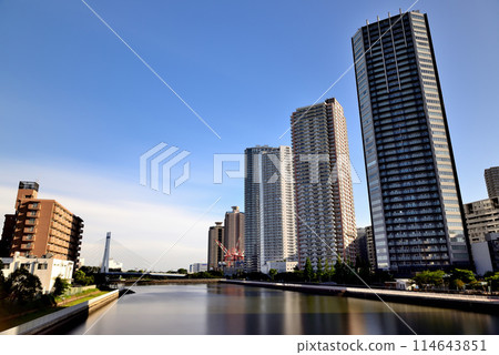Tokyo - Shinonome high-rise tower apartment complex landscape, long exposure 114643851