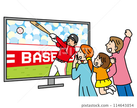一家人在電視上為棒球比賽歡呼的插圖 一家人在電視上為棒球比賽歡呼的插圖 114643854
