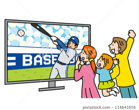 一家人在電視上為棒球比賽歡呼的插圖 114643856