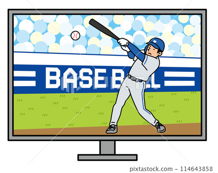 An illustration of a baseball player hitting a home run on a television screen 114643858