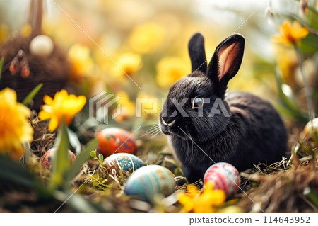 Easter black rabbit with colorful eggs Easter black rabbit with colorful eggs 114643952