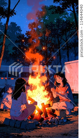 女孩在露營地生營火 114644040