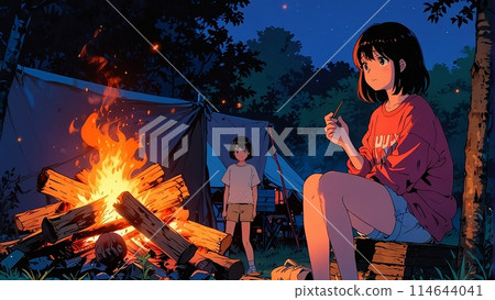 女孩在露營地生營火 女孩在露營地生營火 114644041