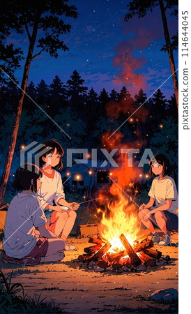 女孩在露營地生營火 114644045