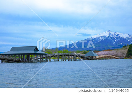 Tsurunomai Bridge and Mount Iwaki Cherry Blossoms in Full Bloom Tsurunomai Bridge and Mount Iwaki Cherry Blossoms in Full Bloom 114644065