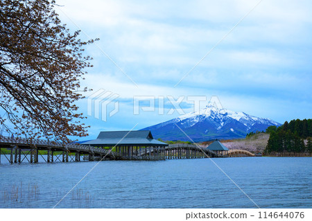 Tsurunomai Bridge and Mount Iwaki Cherry Blossoms in Full Bloom Tsurunomai Bridge and Mount Iwaki Cherry Blossoms in Full Bloom 114644076