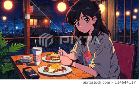 一個女孩在咖啡館放鬆的動漫形象 114644117