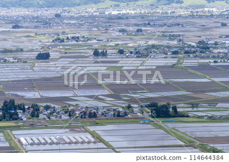 Aizu Basin scenery in early summer and a train on the Tadami Line, aerial view from Futanuma, Aizu Misato Town, Fukushima Prefecture 114644384