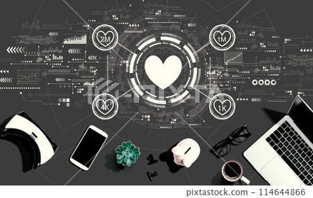 Get more likes concept with electronic gadgets and office supplies Get more likes concept with electronic gadgets and office supplies 114644866