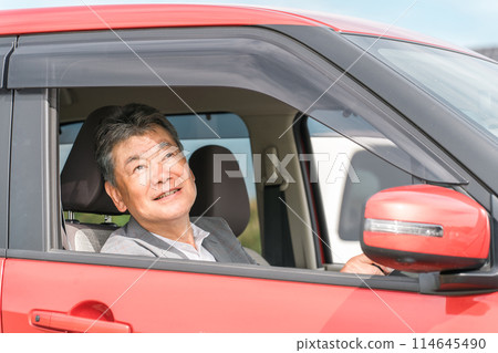 駕駛汽車的微笑的年長司機人 駕駛汽車的微笑的年長司機人 114645490
