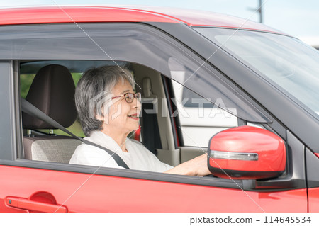 Smiling elderly driver woman driving a car 114645534
