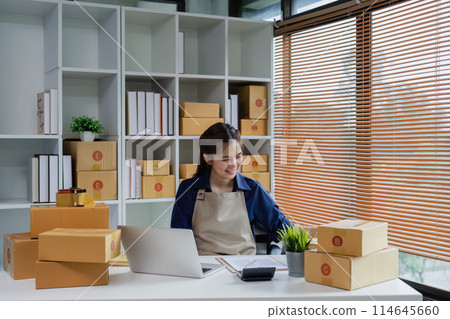 Startup small business entrepreneur woman using a laptop for prepare package with box to client Startup small business entrepreneur woman using a laptop for prepare package with box to client 114645660