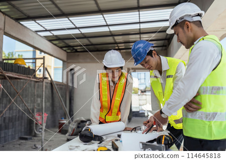 Two Specialists Inspect Commercial, Industrial Building Construction Site. Real Estate Project with Civil Engineer Two Specialists Inspect Commercial, Industrial Building Construction Site. Real Estate Project with Civil Engineer 114645818