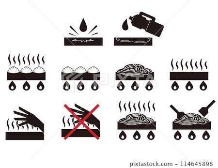 炒麵、餃子、「禁止觸摸」等鐵板的單色圖示插圖集。 114645898