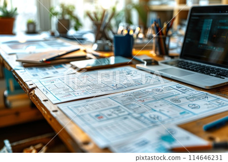 Close up ux developer and ui designer at office. Generative AI 114646231
