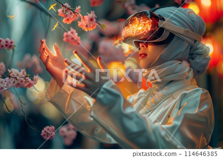 Woman wearing Virtual Reality goggles. futuristic technology concept. Generative AI 114646385