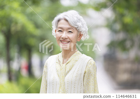 Senior woman looking at camera and smiling Senior woman looking at camera and smiling 114646631