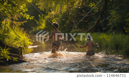 孩子們在河邊玩耍 114646731