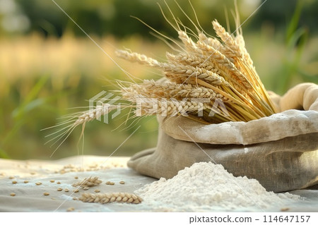 Wheat ears and flour in sack on wooden table in wheat field 114647157