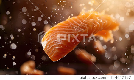 Salmon piece flying in the air with bokeh background Salmon piece flying in the air with bokeh background 114647197