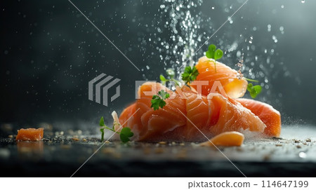 Fresh salmon fillet with drops of water on a black background Fresh salmon fillet with drops of water on a black background 114647199