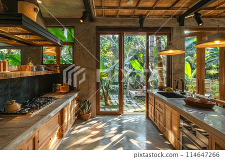 Kitchen room with primitive interior design and see view garden. Generative AI Kitchen room with primitive interior design and see view garden. Generative AI 114647266