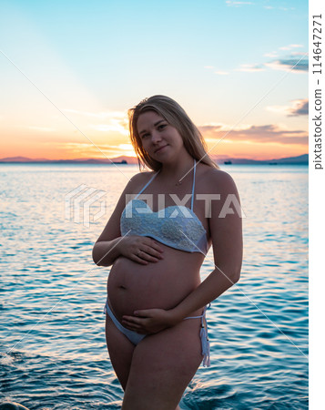Pregnant woman in bikini posing on rocky beach at sunrise with mountain view 114647271
