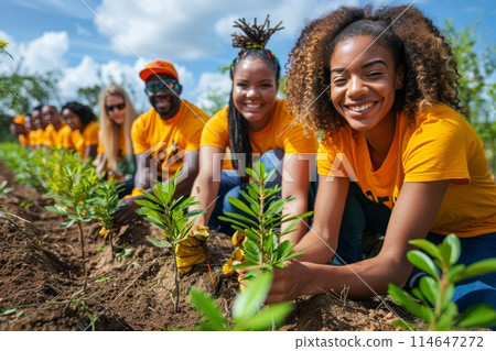 Volunteers Planting Young Trees in Garden. Generative AI Volunteers Planting Young Trees in Garden. Generative AI 114647272
