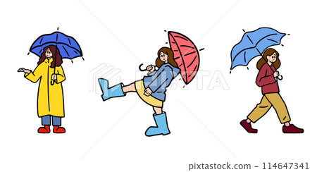 雨天打傘的女人的彩色插圖集 114647341