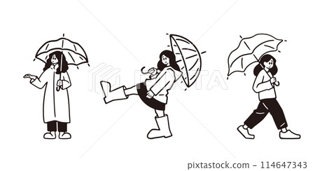 Monochrome illustration set of a woman holding an umbrella on a rainy day 114647343