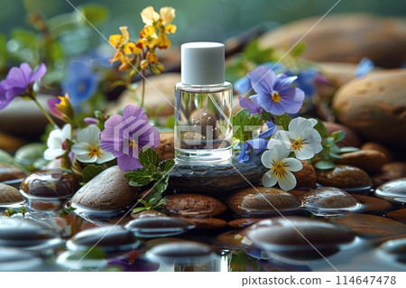 Mockup Empty skin care serum bottle for advertising. Cosmetic concept. Generative AI Mockup Empty skin care serum bottle for advertising. Cosmetic concept. Generative AI 114647478