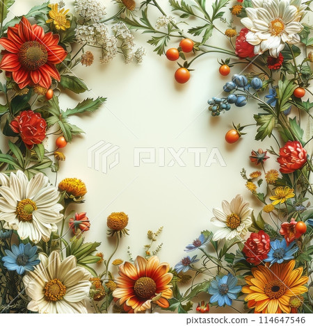 Wedding elegant flower frame on a light blue background. Generative AI 114647546