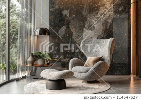 Bright minimalist interior featuring a comfortable armchair, indoor plants, and natural light filtering through large windows. Generative AI 114647627