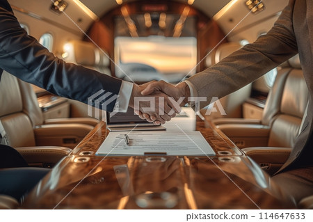 Close up business professional handshake with new partnership on private jet meeting room. Generative AI 114647633
