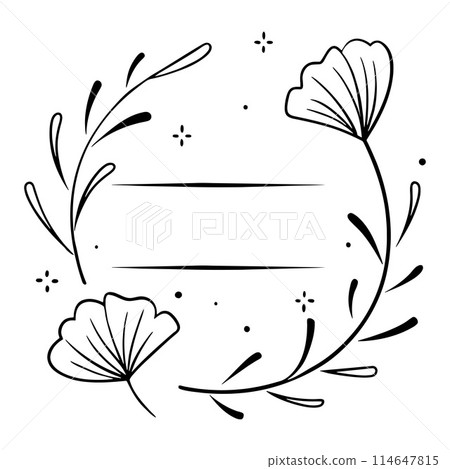 Frame hand drawn doodle with flower, gingko leaf and stars, empty space for inscription. 114647815