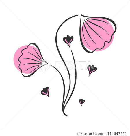 Pink flowers stylized doodle drawing, ginkgo leaf with hearts, outline drawing, icon, logo. Elegant design element for decoration of cards, weddings, congratulations, birthday. Pink flowers stylized doodle drawing, ginkgo leaf with hearts, outline drawing, icon, logo. Elegant design element for decoration of cards, weddings, congratulations, birthday. 114647821