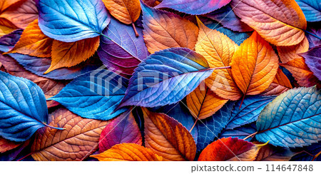 Abstract banner background with blue and orange leaves, AI generated. 114647848