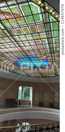 Colorful stained glass ceiling in Terma public 114647978