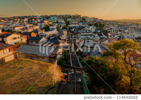 A photo of Toganojinja Shrine, a shrine that stands on a mountain in the solitary area of Hashimoto Kibougaoka, Yawata City, taken in the evening. 114648088