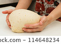 Close up of woman kneading dough, Hands forming bread in an organic bakeryHands forming bread in local bread store 114648234