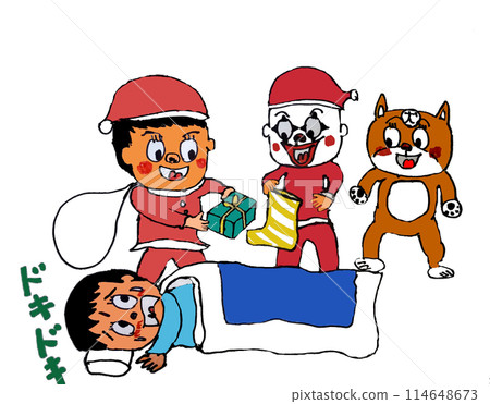 The Three Musketeers of Zaibatsu giving a Christmas present to a boy The Three Musketeers of Zaibatsu giving a Christmas present to a boy 114648673