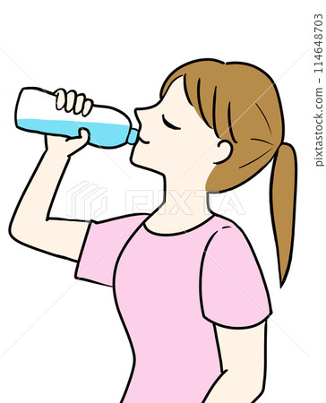 Woman drinking water, plastic bottle, short sleeves, illustration 114648703