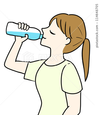 Woman drinking water, plastic bottle, short sleeves, illustration 114648705