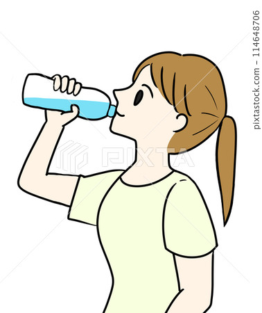 Woman drinking water, plastic bottle, short sleeves, illustration 114648706