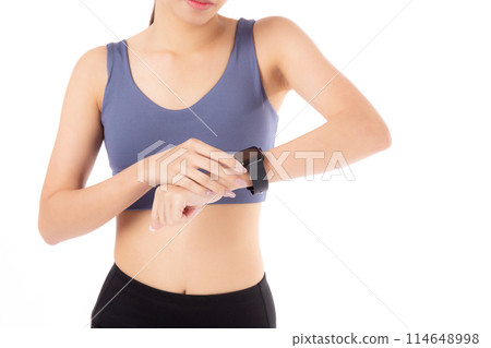 Closeup hand woman looking smartwatch for exercise and aerobics with cardio isolated. 114648998
